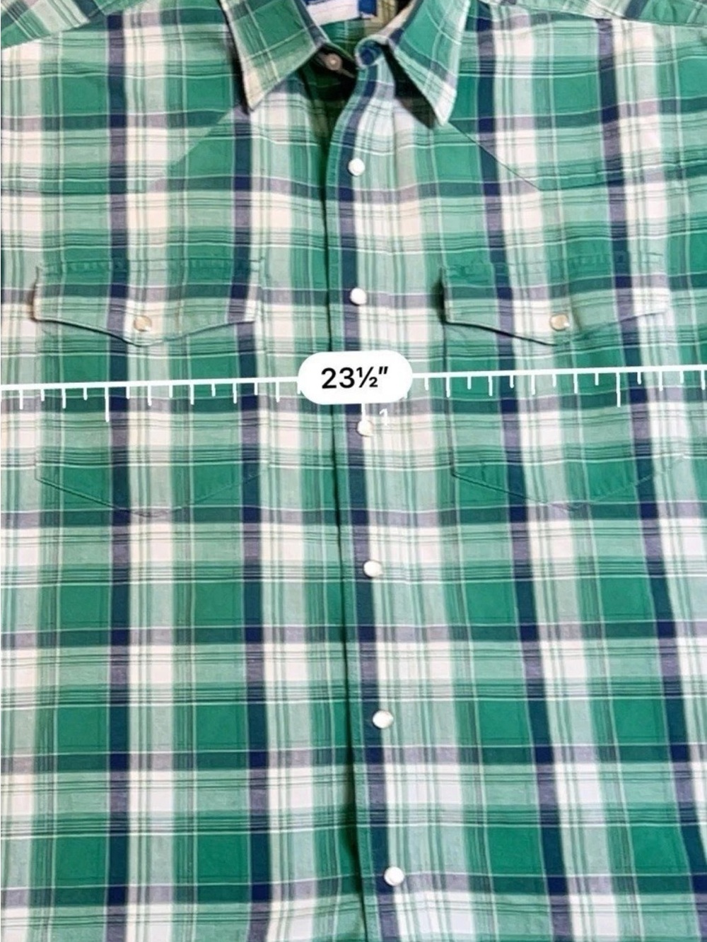 Vintage Wrangler Pearl Snap Short Sleeve Shirt Green Plaid Button Up (See Meas) - Picture 2 of 6
